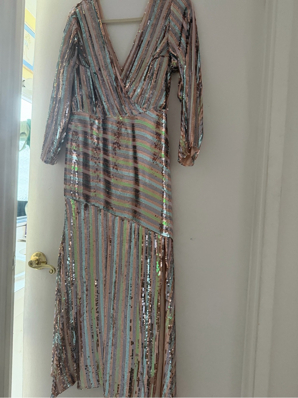 RIXO Iridescent Sequin Striped Long Sleeve Wrap Dress - Blush & Multicolor